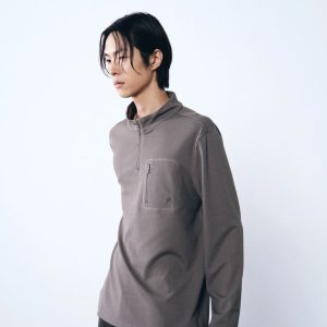 Áo thun dài tay nam Humtto có khóa kéo nửa người nâu-11