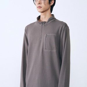 Áo thun dài tay nam Humtto có khóa kéo nửa người nâu-6