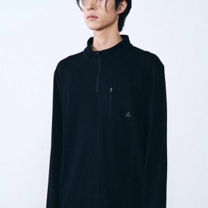 Áo thun nam Humtto dài tay có khóa kéo nửa kín đen-5